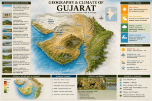 Geography and climate of Gujarat showing the Rann of Kutch, Girnar Hills, Arabian Sea coastline, Saurashtra Peninsula, forests, and climate zones.