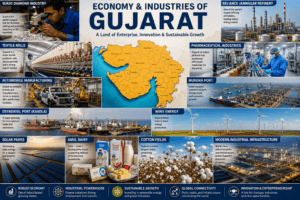 Economy and industries of Gujarat featuring Surat diamond industry, Jamnagar refinery, textile mills, ports, renewable energy, and Amul dairy.