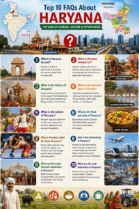 Top 10 FAQs about Haryana featuring India map, Haryana political map, Kurukshetra, Surajkund, Sultanpur National Park, wrestling, and Haryanvi culture.
