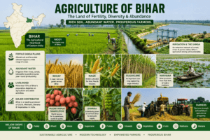 Agriculture of Bihar featuring rice fields, wheat farms, maize, sugarcane, Makhana cultivation, Shahi Litchi orchards, and India map with Bihar highlighted.
