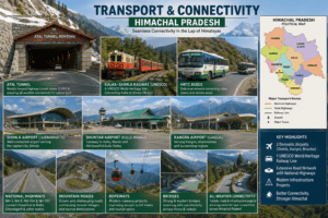 Transport and connectivity of Himachal Pradesh featuring Atal Tunnel, Kalka-Shimla Railway, HRTC buses, Shimla Airport, Bhuntar Airport, Kangra Airport, mountain highways, and ropeways.