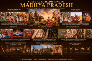 Culture and traditions of Madhya Pradesh featuring tribal communities, folk dances, Chanderi sarees, Gond paintings, festivals, and handicrafts.