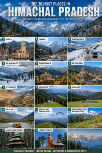 Top tourist places in Himachal Pradesh featuring Shimla, Manali, Dharamshala, Spiti Valley, Dalhousie, Khajjiar, Rohtang Pass, Bir Billing, and Great Himalayan National Park.