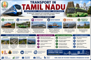 Transport in Tamil Nadu featuring Chennai Metro, Chennai International Airport, Chennai Port, Indian Railways, national highways, and TNSTC buses.