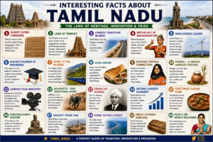 Interesting facts about Tamil Nadu infographic featuring Chennai, Meenakshi Temple, Brihadeeswarar Temple, Marina Beach, Bharatanatyam, Tamil language, automobile industry, and famous landmarks.