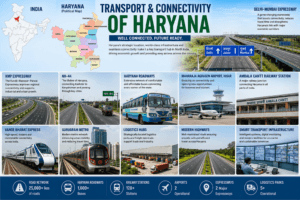 Transport and connectivity of Haryana featuring India map, Haryana political map, expressways, Haryana Roadways buses, railway stations, Hisar Airport, and Gurugram Metro.