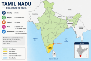 Tamil Nadu highlighted on the political map of India showing its location in South India and neighboring states.