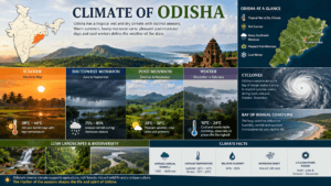 Climate of Odisha showing summer, monsoon, post-monsoon, winter, Bay of Bengal coastline, cyclone influence, and India map highlighting Odisha.