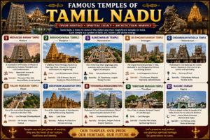 Famous temples of Tamil Nadu featuring Meenakshi Amman Temple, Brihadeeswarar Temple, Ramanathaswamy Temple, Kapaleeshwarar Temple, Arunachaleswarar Temple, and Nataraja Temple.