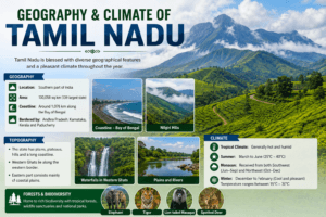Geography of Tamil Nadu featuring the Western Ghats, Nilgiri Hills, Doddabetta Peak, coastal plains, forests, rivers, and scenic landscapes.