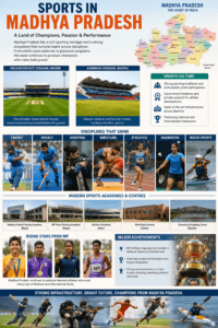Sports in Madhya Pradesh featuring Holkar Cricket Stadium, hockey, shooting, athletics, wrestling, badminton, and sports academies.