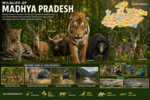 Wildlife of Madhya Pradesh featuring Bengal tiger, Barasingha, leopard, Kanha National Park, Bandhavgarh National Park, Pench National Park, Satpura National Park, and lush forests.