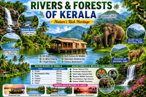 Kerala rivers and forests featuring Periyar River, Silent Valley National Park, Eravikulam National Park, Western Ghats, backwaters, elephants, and lush evergreen forests.