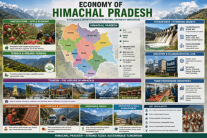 Economy of Himachal Pradesh featuring apple orchards, hydropower projects, tourism, Baddi pharmaceutical industries, terrace farming, and organic agriculture.