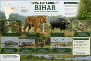 Flora and fauna of Bihar featuring Valmiki Tiger Reserve, Bengal Tiger, Gaur, House Sparrow, Gangetic River Dolphin, and India map with Bihar highlighted.