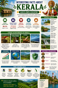 Interesting facts about Kerala featuring highest literacy rate, backwaters, houseboats, spices, Ayurveda, Western Ghats, solar-powered airport, Kathakali, and coconut trees.