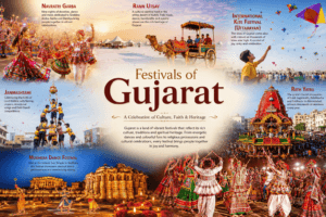 Festivals of Gujarat featuring Navratri Garba, Dandiya Raas, Rann Utsav, International Kite Festival, Janmashtami, Rath Yatra, and colourful cultural celebrations.