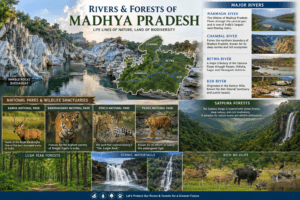 Rivers and forests of Madhya Pradesh featuring the Narmada River, Marble Rocks, Kanha, Bandhavgarh, Pench National Park, and lush forests.
