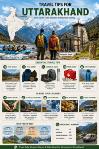 Travel tips for Uttarakhand featuring trekking gear, Char Dham pilgrimage, eco-friendly tourism, wildlife safari, and India map with Uttarakhand highlighted.