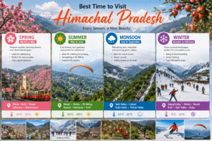 Best time to visit Himachal Pradesh showing summer sightseeing, winter snowfall, spring flowers, monsoon landscapes, skiing, trekking, and hill stations.
