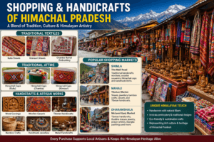 Shopping and handicrafts of Himachal Pradesh featuring Kullu Shawls, Kinnauri Shawls, Chamba Rumal, Himachali caps, wood carvings, Tibetan handicrafts, and traditional Himalayan markets.