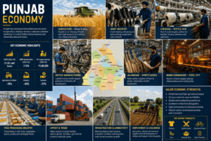 Economy of Punjab featuring wheat fields, dairy farming, textile industries, bicycle manufacturing, steel plants, sports goods, food processing, and exports.