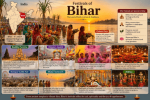 Festivals of Bihar featuring Chhath Puja, Buddha Purnima, Mahavir Jayanti, Holi, Diwali, and India map with Bihar highlighted.