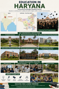 Education in Haryana featuring India map, Haryana political map, Kurukshetra University, NIT Kurukshetra, IIM Rohtak, students, and modern university campuses.