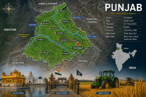 Rivers and forests of Punjab featuring the Sutlej River, Beas River, Ravi River, Harike Wetland, Blackbuck, Northern Goshawk, wetlands, forests, and irrigation canals.