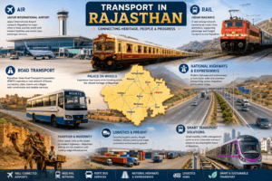 Transport in Rajasthan featuring Jaipur International Airport, Palace on Wheels, Indian Railways, RSRTC buses, highways, and modern transport infrastructure.