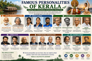 Famous personalities of Kerala featuring Sree Narayana Guru, P. T. Usha, Anju Bobby George, Sanju Samson, Mohanlal, Mammootty, M. T. Vasudevan Nair, and Adoor Gopalakrishnan.