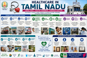 Healthcare in Tamil Nadu featuring Chennai hospitals, Christian Medical College Vellore, Madras Medical College, ambulances, doctors, and modern healthcare infrastructure.