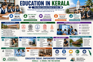Education in Kerala featuring schools, universities, students, digital classrooms, libraries, graduation ceremony, and Kerala's high literacy rate.