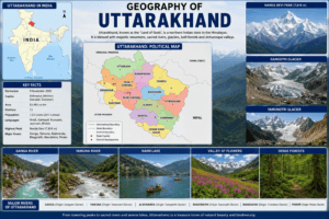 Geography of Uttarakhand featuring Nanda Devi, Gangotri Glacier, Himalayan mountains, Ganga River, Naini Lake, forests, and India map with Uttarakhand highlighted.