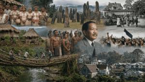 Historical collage showing the tribal heritage, Nartiang Monoliths, colonial Shillong, Living Root Bridges, and the formation of Meghalaya.