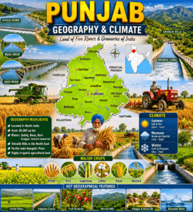 Geography and climate of Punjab featuring wheat fields, Sutlej River, Beas River, Ravi River, Shivalik Hills, irrigation canals, and seasonal weather.