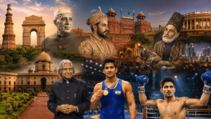 Tribute collage featuring Dr. A. P. J. Abdul Kalam, Jawaharlal Nehru, Shah Jahan, Mirza Ghalib, Sushil Kumar, and Vijender Singh with Delhi landmarks.
