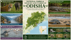 National Parks and Wildlife Sanctuaries of Odisha featuring Similipal National Park, Bhitarkanika National Park, Satkosia Tiger Reserve, Gahirmatha Marine Sanctuary, and India map highlighting Odisha.