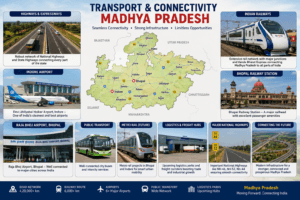 Transport and connectivity in Madhya Pradesh featuring highways, Indian Railways, Bhopal Railway Station, Indore Airport, Raja Bhoj Airport, logistics hubs, and road networks.