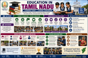 Education in Tamil Nadu featuring IIT Madras, Anna University, University of Madras, NIT Tiruchirappalli, schools, colleges, and students.