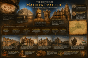 History of Madhya Pradesh featuring Bhimbetka Rock Shelters, Sanchi Stupa, Khajuraho Temples, Gwalior Fort, Emperor Ashoka, and Chandela rulers.