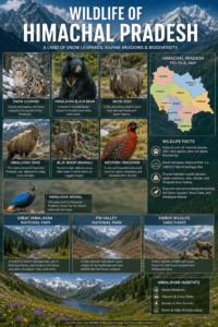 Wildlife of Himachal Pradesh featuring Snow Leopard, Himalayan Black Bear, Musk Deer, Western Tragopan, Great Himalayan National Park, Pin Valley National Park, and Himalayan forests.
