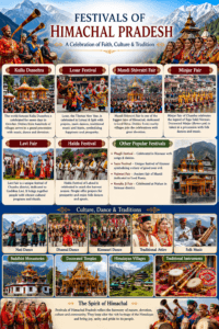 Festivals of Himachal Pradesh featuring Kullu Dussehra, Losar Festival, Mandi Shivratri Fair, Minjar Fair, Himachali folk dances, temples, monasteries, and colourful cultural celebrations.