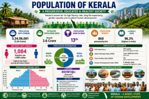 Population of Kerala infographic showing population statistics, literacy rate, sex ratio, population density, urbanization, and demographic highlights.