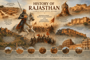 History of Rajasthan featuring Kalibangan, Maharana Pratap, Prithviraj Chauhan, Rajput kingdoms, Haldighati, and famous forts.