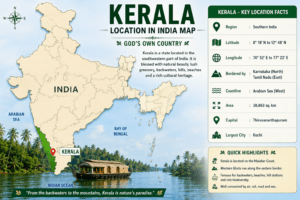 Kerala location on the India map highlighting the southwestern state with neighboring Karnataka, Tamil Nadu, and the Arabian Sea.
