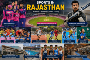 Sports in Rajasthan featuring Sawai Mansingh Stadium, Rajasthan Royals, shooting, wrestling, kabaddi, athletics, and modern sports facilities.