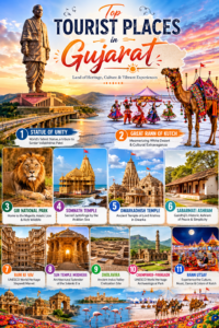 Top tourist places in Gujarat featuring the Statue of Unity, Rann of Kutch, Gir National Park, Somnath Temple, Dwarkadhish Temple, Rani ki Vav, and Sabarmati Ashram.