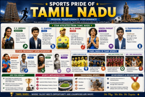 Sports in Tamil Nadu featuring M. A. Chidambaram Stadium, Chennai Super Kings (CSK), Viswanathan Anand, chess, cricket, tennis, athletics, football, and international sporting events.