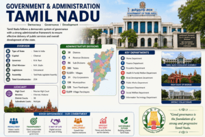 Government and Administration of Tamil Nadu featuring Fort St. George, Tamil Nadu Legislative Assembly, Secretariat, Madras High Court, and administrative divisions.